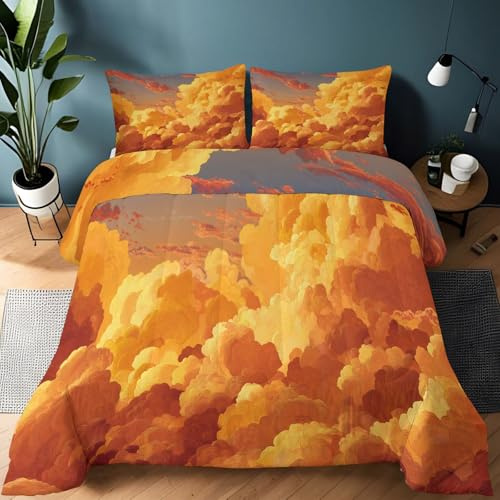 Bettdecke 200x200cm 4 Jahreszeiten Natur Himmel Wolke Wende Steppdecke, Warme & Weiche Ganzjahresdecke Orange Bettdecke ohne Bezug - Waschbar Schlafdecke mit 2 Kissenbezug 80x80cm