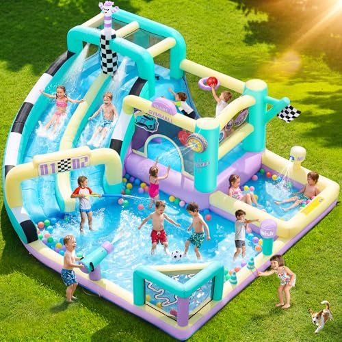 GYMMALL Renn-Aufblasbare Hüpfburg für Kinder, 12-in-1 Große Hüpfburg mit 750W Gebläse, Doppelte Wasserrutsche, Planschbecken, Trampolin und Fußballtor für grenzenlosen Indoor & Outdoor Spaß