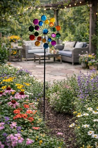 Metall Windrad Gartenstecker bunt 122 cm – Doppel Windspiel Gartendeko Ø 32,5 cm
