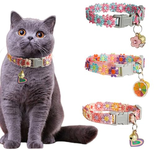 3 Stück Katzenhalsband mit Glöckchen und Sicherheitsverschluss, Personalisiert Baumwolle Katzenhalsbänder aus Bunte Blumen, Einstellbar Cat Collar, Katzen Halsband für Katzen Aller Größen