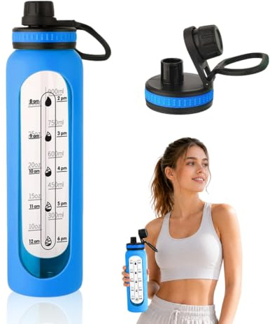 BUERPINKING Vattenflaska glas 1 l, glasflaska med neoprenfodral och lock i rostfritt stål, glasdrickflaska 1 000 ml, vattenflaska för vatten, juice och sport, kontor, BPA-fri (blå)