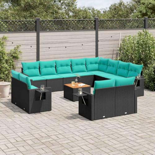 Runheo Ensemble canapé de Jardin 13 pcs Noir en résine tressée modulable avec Coussins Assise Dossier Amovibles, Table Bois Acacia, Banquette Angle Fauteuil Pouf pour terrasse Balcon Patio