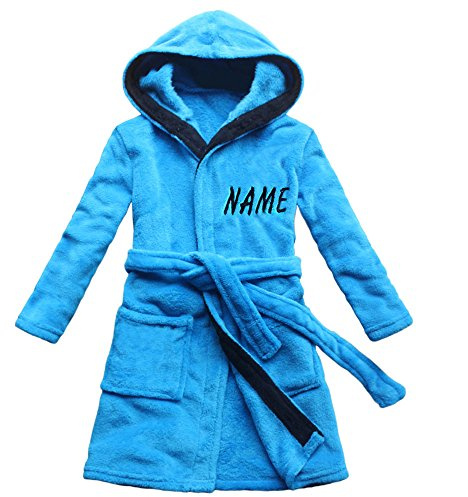 FEETOO [Nom brodé] Robe de bain pour enfants bleu velours de corail Chemise de nuit garçon chaud (6, Bleu)