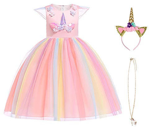URAQT Robe Licorne Enfant de Princesse, Robe Licorne Fille, Robes Fille, Costume Princesse Fille, Robe Licorne Enfant de Princesse, Robe de Princesse avec Licorne, Rose Clair, 130 pour 5-6 Ans
