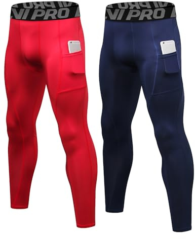 LNJLVI Pantaloni Sportivi a Compressione da Uomo Leggings Base Formazione Pantaloni (Navy-rosso,M)