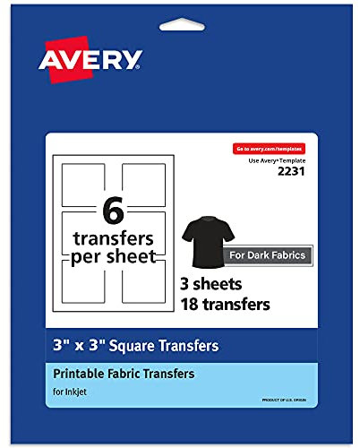 Avery Papel de transferencia oscuro para camisetas, 3 x 3 pulgadas, transferencias cuadradas pretroqueladas para planchar, impresión en el borde, 3 hojas de papel de transferencia de calor, 18 en