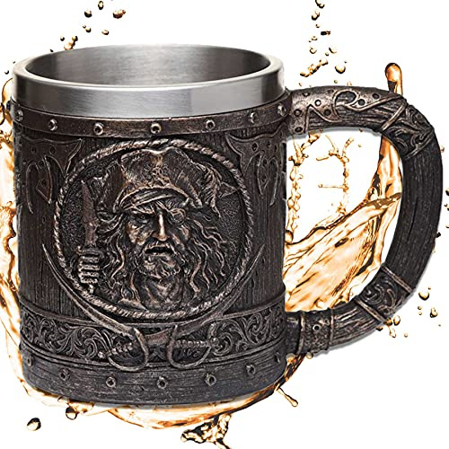 Deko Piraten Krug ''Hell's Best Grog'' - Humpen in Bronze-Optik mit Piraten-Totenkopf- Freibeuter Fantasy Karibik