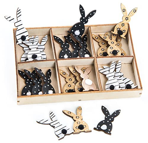 Logbuch-Verlag 24 kleine Hasen Holz Osterhasen 4 cm flach Tischdeko Ostern Deko schwarz weiß gold Osterbrunch Give-Away
