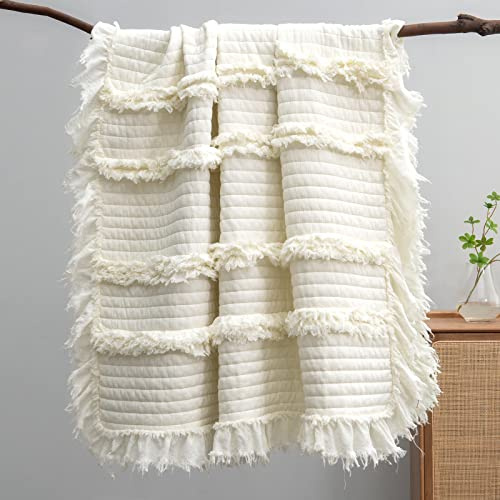 Ultra Soft Pre-Washed Warm Quilted Throw Blanket, Ruffle Fringed Cream Boho Decorative Throw, Stone Washed Chic Rustic Blanket for Sofa Couch Bed Chair, 50x 60