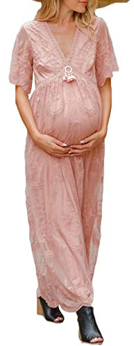 YAOTT Vestito da prémaman Donne Incinte Abito per Foto in Gravidanza Vestito da Sera Cerimonia Scollo A V Manica Corta Abito Allattamento in Pizzo Elegante Casual,Rosa,XL