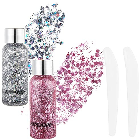 KöRper Glitzer Gel Liquid Face Body Festival Mermaid Sequins Chunky Gel Mit LöFfel - Langanhaltend Sparkling Für Gesicht Haar Make-up - Silber+Rosa
