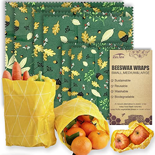 Bienenwachs Wiederverwendbare Lebensmittelverpackungen - (6 Packs, 3 Größen S,M,L, mit 2 Meter Hanfseil, zwei Knöpfe) umweltfreundliche Wrap, Wachspapier für Lebensmittel, Eichel