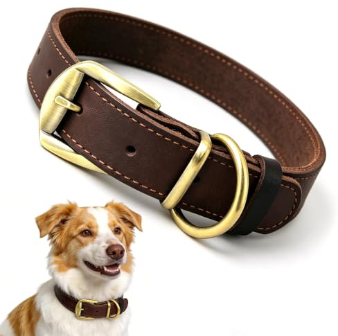 QianRuiDa Hundhalsband i Äkta Läder - Justerbar Storlek, Solid Metalspänne, Lämplig för Träning, Promenader och Daglig Användning - L
