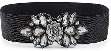 Sethexy Damen Schwarzer Stretchgürtel Damen Strass Breite Gürtel mit Blumen Kristall Hüftgurt Cinch-Gürtel für Kleid