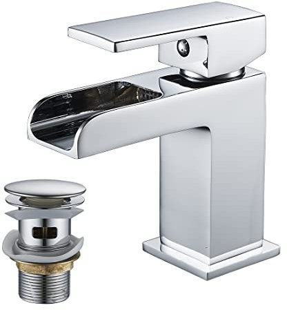 Luckyhome Waterfall Basin Tap with Waste,Bathroom Single Lever Chrome Plated Brass Sink Mixer Tap