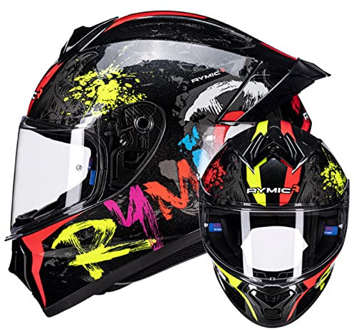Snowmobile Motorrad Integralhelm, Street Bike Lightweight DOT/ECE Approved Helm Mit Heckflügel, Touring Sport Schutzhelme Mit Klarem Visier Für Erwachsene Männer Frauen,Neon,XXL