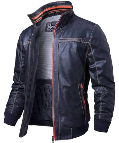 FLAVOR Homme Veste en Cuir véritable col relevé Noir Blouson (M, Bleu)