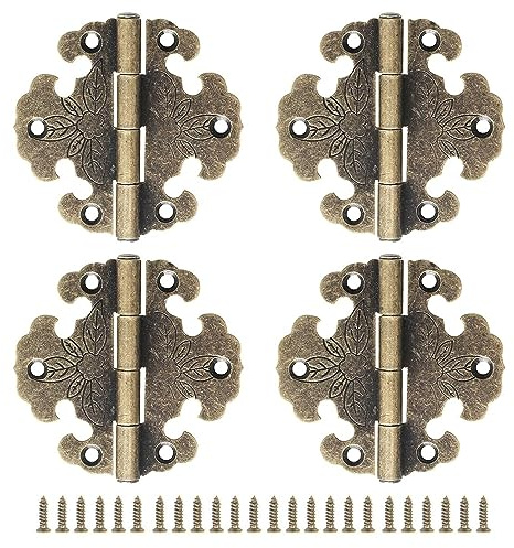 4 Pcs Brass Hinges, Vintage Folding Butt Hinges, Decorative Hinge | Retro Door Hinges with Screws, Antique Bronze, for Decorating cabinets Wine cabinets Wooden Doors bookcases
