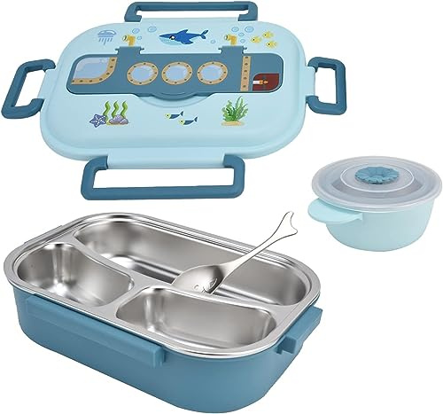 soulnioi Lonchera Bento para niños, de acero inoxidable, bonita lonchera de dibujos animados para guardería y escuela, contenedor de alimentos con 3 compartimentos (azul)