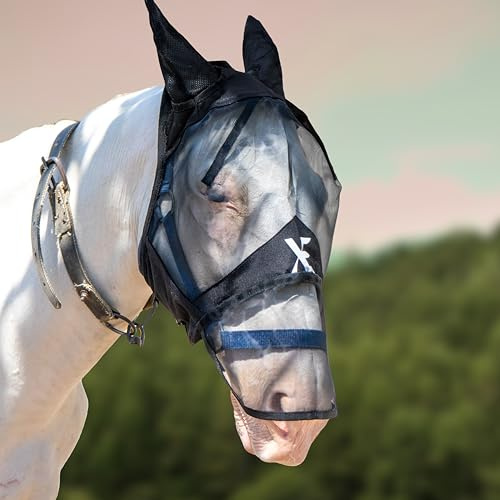 XE Maschera per Mosche per Cavalli con Orecchie-Maschera per Cavalli a Pieno Facciale e Naso in Rete Traspirante per Protezione UV e Mosche Equine (Full Black Mask, Pony (S))
