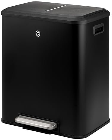 eluno Cubo de basura, 2 compartimentos con 15 litros de capacidad, cubos interiores extraíbles de plástico, asas laterales, pedal grande, sistema de separación de basura (negro)