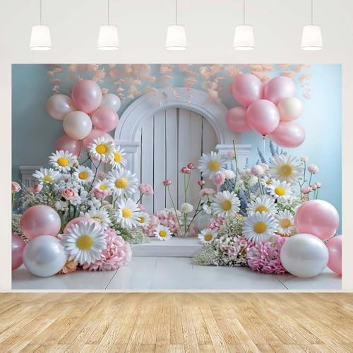 MEHOFOND Toile de fond rose de 2,1 x 1,5 m pour fille, fleurs, marguerites, ballons, arche de ballons, arrière-plan de photographie pour fête prénatale, gâteau, fête d'anniversaire, bannière de