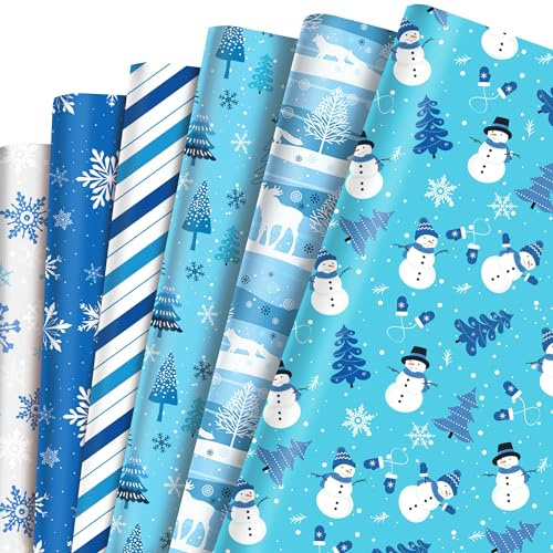 12 Blatt Weihnachten Geschenkpapier Blau, Doppelseitig Bedrucktes Geschenkpapier 6 Arten DIY Bastelpapier Weihnachtspapier, 50 x 68 cm