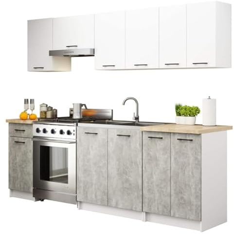 BDW - Cucina completa - Set di mobili da cucina senza elettrodomestici - Mini cucina larga 240 cm - 240x203x46 cm - Mobili da cucina Bianco/Cemento