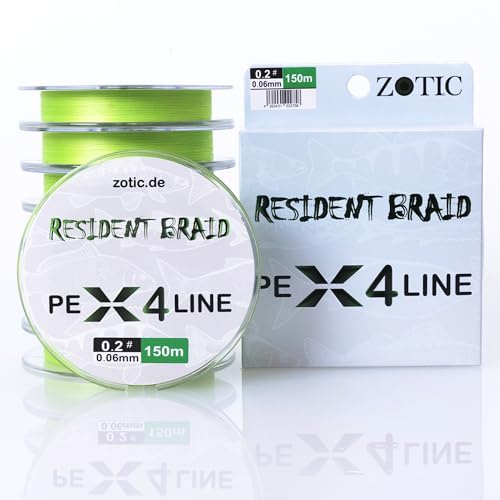 Zotic Resident Braid PE X4/X8-4-fach/8-fach geflochtene Angelschnur für Baitcaster u. Spinnrute, Profi Angelzubehör, Raubfisch, Angelsehne, 100m 150m 300m (X4 Grün, 150m - 0.06mm - 4.1kg)