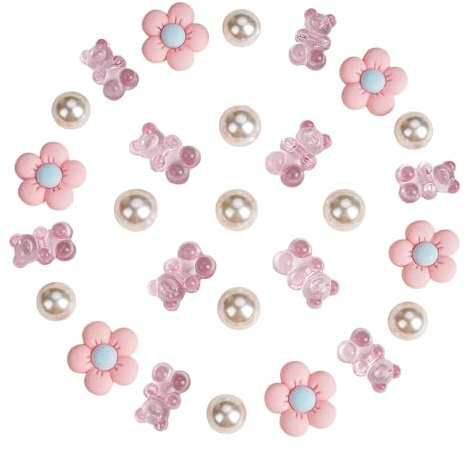 27-teiliges Set Blumen Schuhanhänger für Mädchen,Schuh Charms,Rosa Bär Blume Perle Schuh Zubehör,Clogs Zubehör,für Schuhe,Armbänder,Taschen mit Löchern in ihnen
