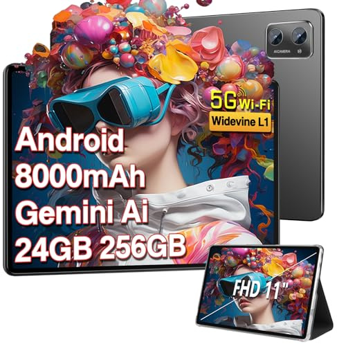 SUAAT Tablette 11 Pouces 2025 Nouvelle Android Tablet 24Go RAM 256Go ROM(1To Extensible), Octa-Core, 5G+2.4G WiFi, Widevine L1, 13MP+5MP, Bluetooth 5.0, 8000mAh Tablette Tactile avec Etui - Noir