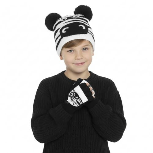 A2Z 4 Kids Mädchen Mütze Handschuhe Stricktiere Set Neuartig Fleece Gefüttert Langlebig - Hat KH1056 Zebra One Size