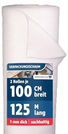 Verpackungsschaum 2 Rollen je 1m x 125m | 250m² Verpackungsmaterial 1mm PE-Schaum | Ideales Füllmaterial für Pakete & Umzugsmaterial als Möbelschutz | Schaumfolie als Polstermaterial