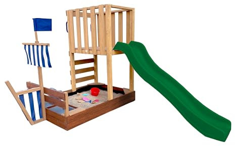 AXI Vicky Torre gioco per bambini in legno, scivolo verde | Casetta da gioco per giardino/sabbiera, cucina da gioco e lavagna | Giochi in legno da esterno