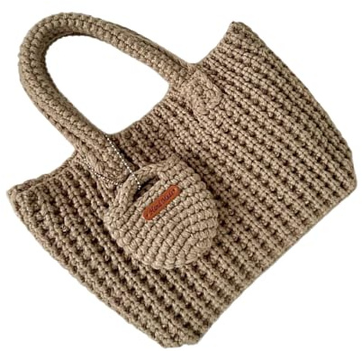 KEXIAO Borsa all'uncinetto fatta a mano, filato morbido, borsetta, borse in maglia alla moda, maniglia superiore, borsa per viaggi casual e donne alla moda, cachi, 30x8x14cm