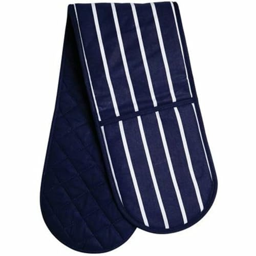 Navy Stripe Double Oven Glove - 100% Cotton Quilted Heat Resistant Kitchen Mitt – Extra Long Insulated Cooking Glove with Hanging Loop - Click & Receive