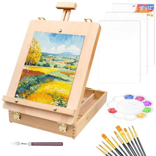 Art Supplies Kit, Tabletop Easel Set with 10 Paint Brushes, 3 Canvas Boards, Palette Knives & Plastic Palette, Gift for Kids, Artists & Adults