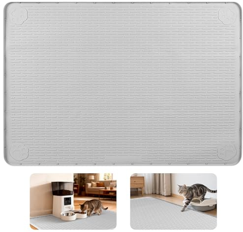 Bartuke Silikon Katzenfuttermatte groß,127x89cm Fressmatte Katze,Hellgrau | Napfunterlage Silikon Unterlage Matte xxl mit Rand für Katzen, Futter- und Wassernäpfe, Rutschfest, Wasserdicht, Abwischbar