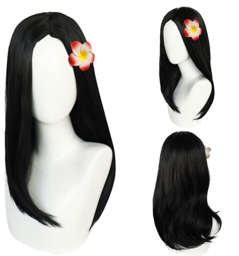 FOUNSHO Princess Wigs with Flower For Women, Black Long Straight Hair Wig, Princess Pretend Fancy Dress Up Costume Black Party Funny Wigs for Halloween Cosplay World Book Day