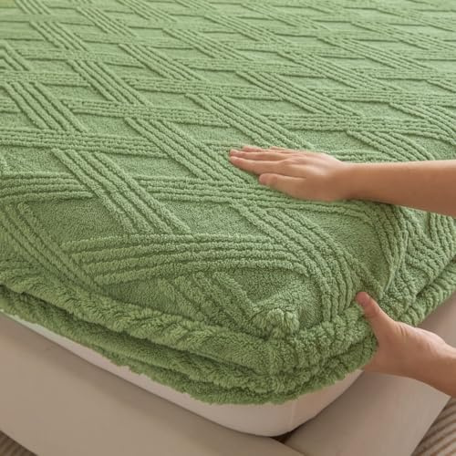 Mateju Sábana Bajera Ajustable de Forro Polar Suave y Cálida, Sabanas Bajeras Cama Invierno de Felpa Elástica Protector de Colchón para Colchones de hasta 30 cm de Grosor (Verde,150x200cm)