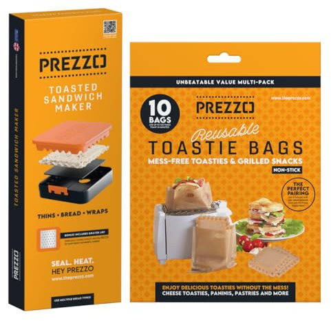 The PREZZO® Sandwich Crimper - Toastie Maker for Thins PLUS x10 Reusable Toastie Bags Non-Stick, Heat-Resistant & Easy to Clean 100+ Use Ideal for Toasters, Air Fryers & Grills (16cm x 16.5cm)