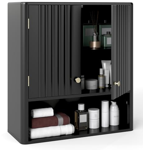 COSTWAY Bathroom Wall Cabinet, Wooden Over-The-Toilet Storage Cupboard with 2 Fluted Doors & Open/Adjustable Shelf, Wall Mounted Medicine Cabinet Bathroom Unit for Living Room Kitchen Laundry (Black)