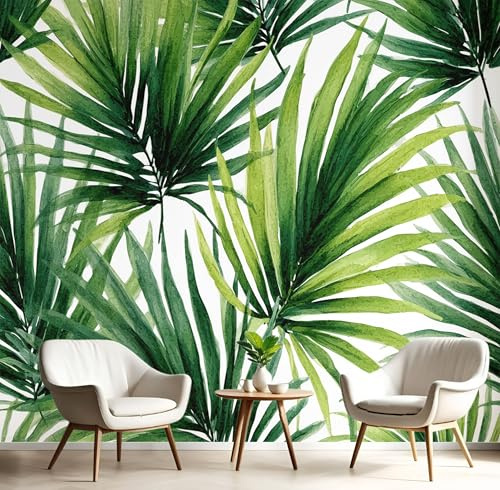 Papel Pintado Panorámico 3D Seda,450X300Cm Verde Plantas De Hoja De Palma Gran Pared,Ilustración De La Selva Tropical Para Sala De Estar,Habitación Infantil,Decoración Póster De Papel Pintado
