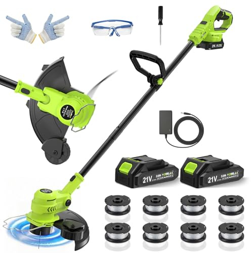 VOERJIA Cortabordes y Desbrozadora 21V 750W, Canteadora 2 en 1, Corte 30cm, 2 Baterías, Alimentación Automática, Cabezal Ajustable, Mantenimiento Preciso de Césped Pequeño y Mediano