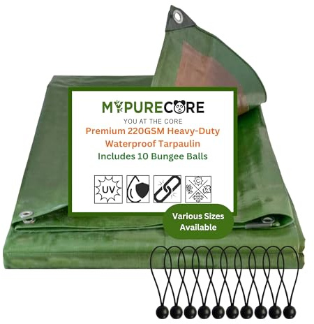 MYPURECORE Heavy-Duty Waterproof Tarpaulin 220 GSM with 10 Bungee Balls – Dual-Colour Green/Brown Tarp, Reinforced Edges, Camping, Trailers, Garden, Greenhouse & Outdoor Cover (2m x 2m)