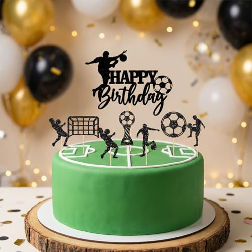 13PCS Football Cake Decorations Set - Glitter Paper Soccer Party Toppers for Cupcakes & Cakes - Easy Assemble Birthday Party Supplies (Black)