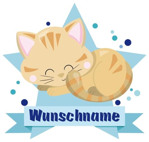 Samunshi® Schlafende Katze Wandtattoo Türschild mit Name personalisierbar Kinderzimmer Türaufkleber Baby Wandaufkleber - 70x61cm mehrfarbig