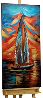 KunstLoft Metallbild 3D | 100% HANDGEFERTIGT | 60x120x5cm | Wandbild Metall Deko 'Nubes Rojas' | Segelschiffe Boote | Blau Rot | Metall Wanddeko Wohnzimmer