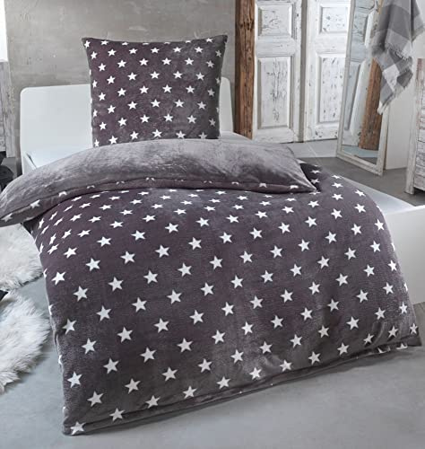 Malika - Juego de ropa de cama de invierno con diseño de estrellas, reversible, forro polar, varios colores y tamaños, 155 x 220 cm, color gris