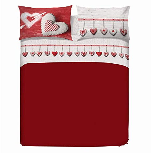 PENSIERI DELICATI Completo Letto Matrimoniale 100% Cotone, Completo Lenzuola Matrimoniali 180x200 Comprensivo di Lenzuolo sotto, sopra e 2 Federe, Made in Italy, Fantasia Cuore Appeso Rosso